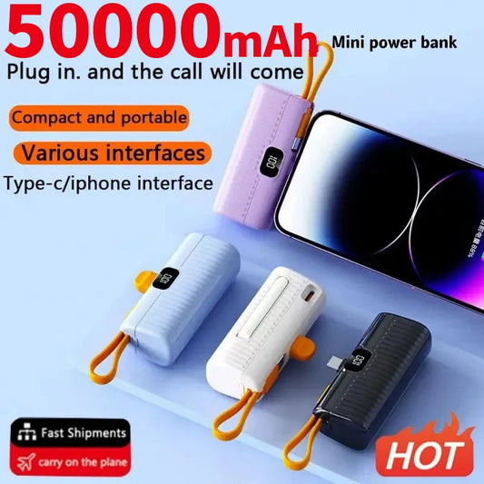 50000mAh Mini Power Bank with Built In Charger For iPhone Samsung